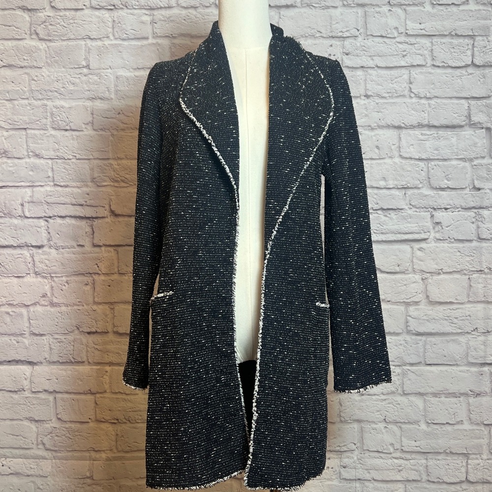Max Studio Women's M Black White Tweed Open Front Blazer Fringe Trim